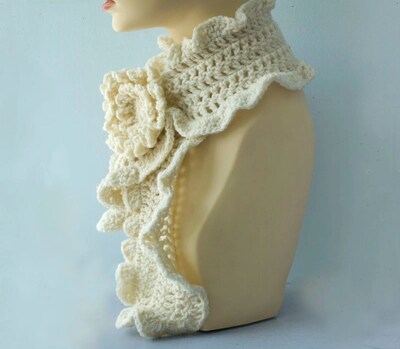 Crocheted Ruffle Scarf with Scarf Pin, Ruffled Scarf, Woman's Neck Scarf - image4